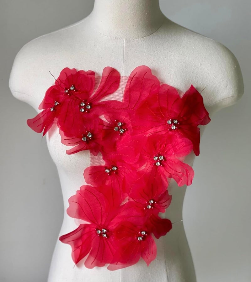 JRYYR Flower Lace Appliques, 3D Embroidery Patches for Dresses, Flower Appliques for Clothing, Bags, Jewelry DIY Crafts (Red-2) - Image 3